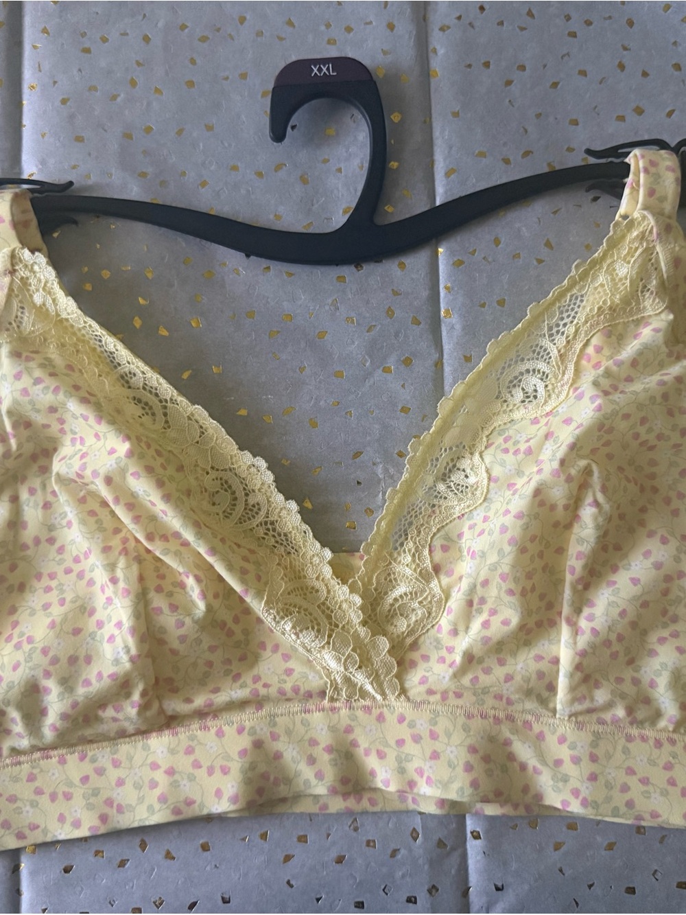 No Boundaries Yellow Lace-Trim Bralette with Pink Leaf Print
